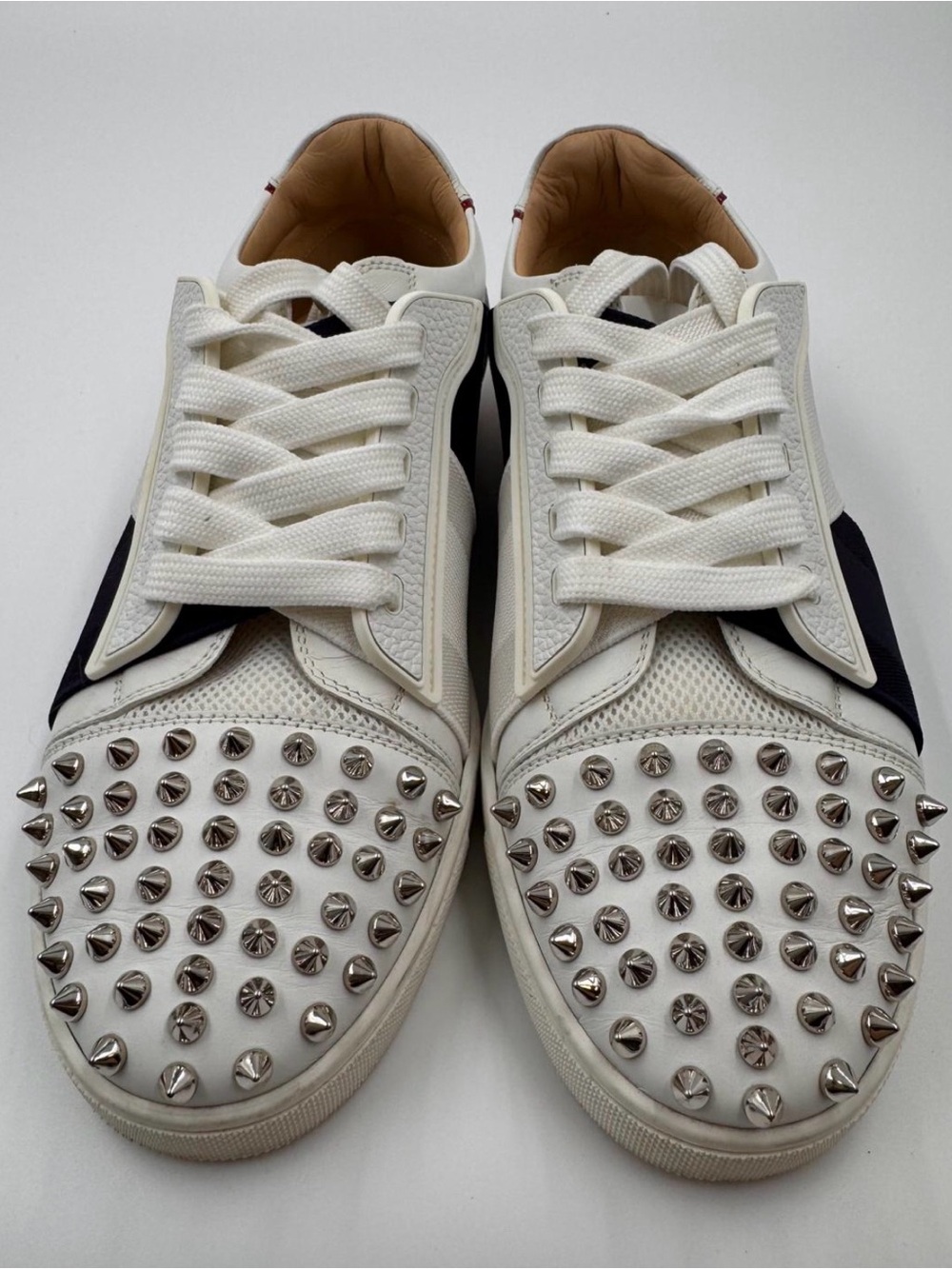 Christian Louboutin White Studded Low-Top Sneakers with Black Accent